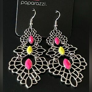 Paparazzi Silver Earrings with Pink and Yellow Highlights